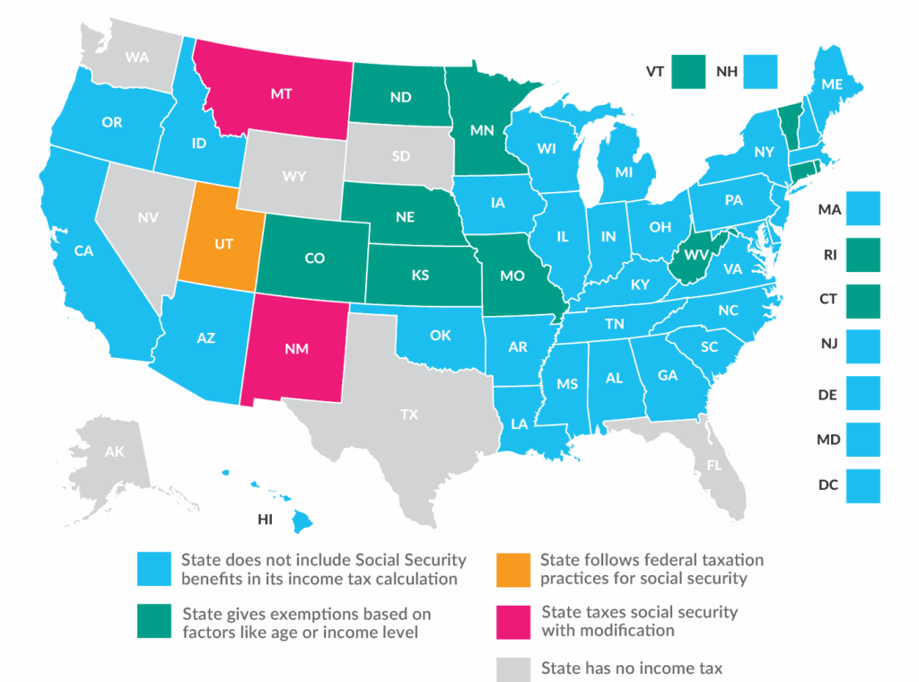 Map showing U.S. states that tax or do not tax Social Security benefits