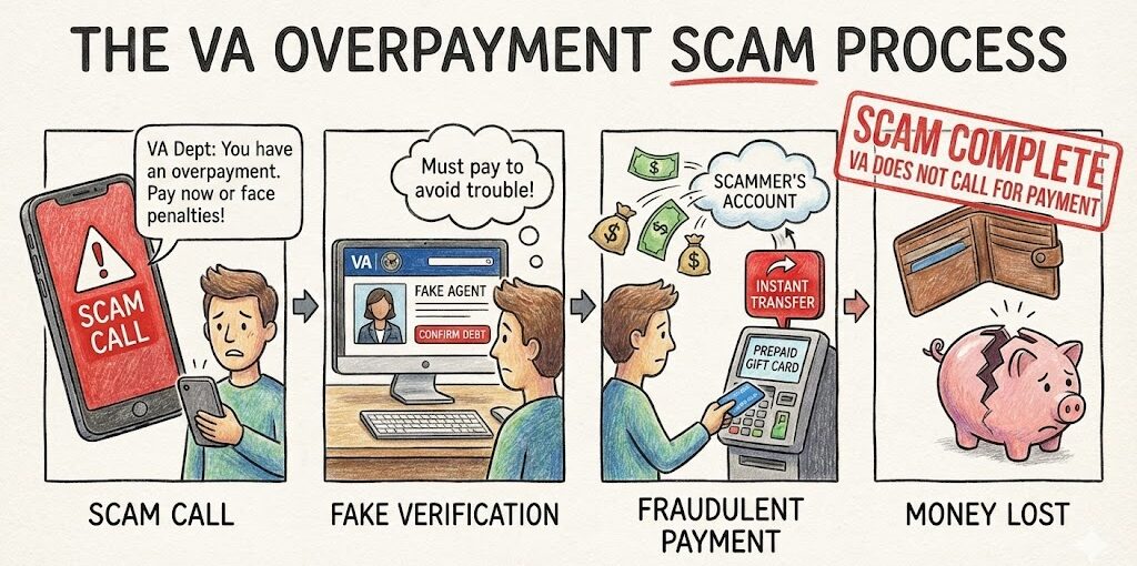 Social Security & VA Beneficiaries Alert: New 2025 Scams You Need to Watch For 3 Illustration showing the process of the VA overpayment scam, from initial fake call to fraudulent payment