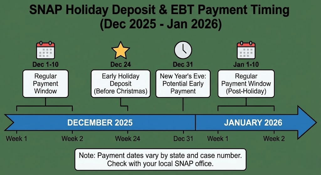 Timeline graphic showing SNAP holiday deposits and EBT payment timing in December and January
